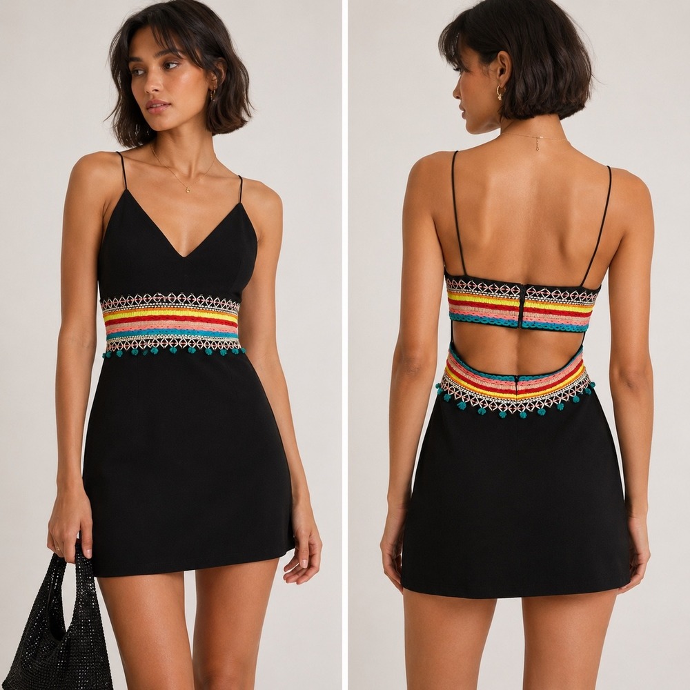 Alice + Olivia Mini Loralee Dress Black Embroidered Cutout Back FESTIVAL party